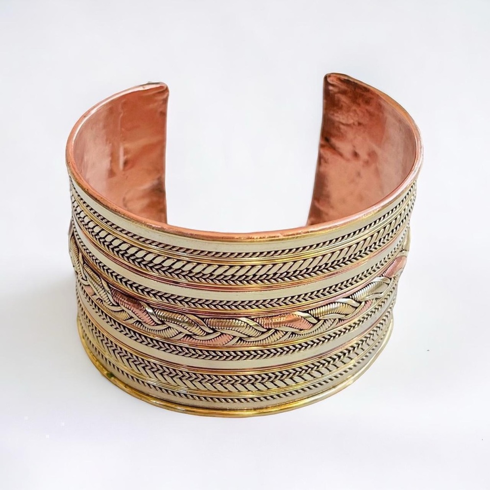 Artisan Mixed Metal Copper & Brass Silver Tone Cuff Bracelet